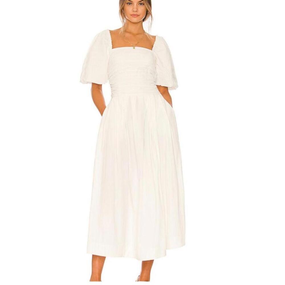 Free People Ain’t She a Beaut White Puff Sleeve Midi Dress with Button Back XS